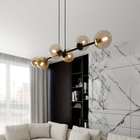 Lampadario Contemporaneo 6 Luci Rossi In Acciaio Nero E Sfere In Vetro Ambra