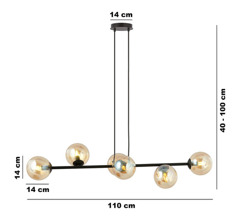 Lampadario Contemporaneo 6 Luci Rossi In Acciaio Nero E Sfere In Vetro Ambra