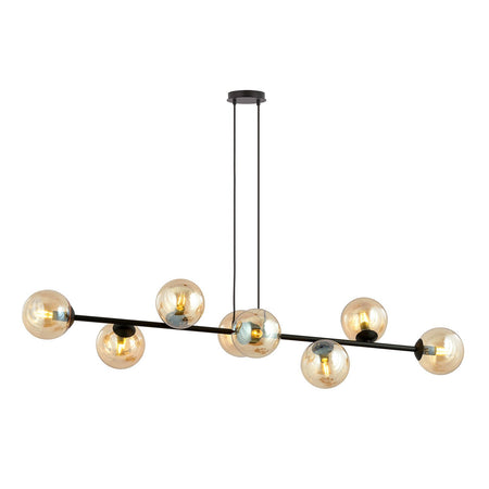 Lampadario Contemporaneo 8 Luci Rossi In Acciaio Nero E Sfere In Vetro Ambra