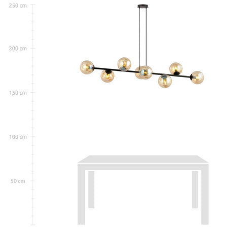 Lampadario Contemporaneo 8 Luci Rossi In Acciaio Nero E Sfere In Vetro Ambra