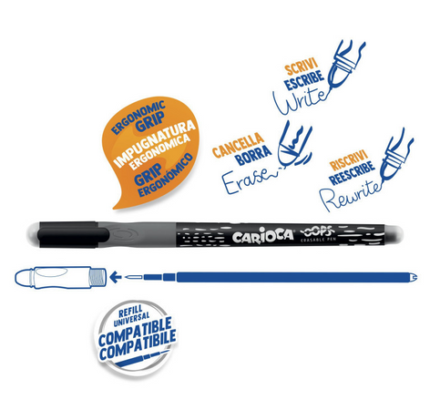 Carioca Oops, Penna Cancellabile Ricaricabile, Colore Nero
