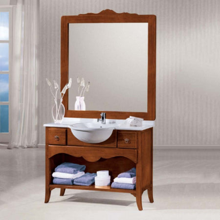 MOBILI 2G - MOBILE BAGNO 108 CM IN LEGNO GREZZO LAVABO 2 CASSETTI E CORNICE SPECCHIO