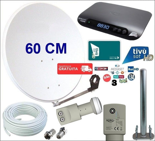 Kit satellitare da 60 CM per ricezione canali Tivùsat con decoder XORO HRS 8830 ed LNB Twin con Sat Finder e Bussola integrati
