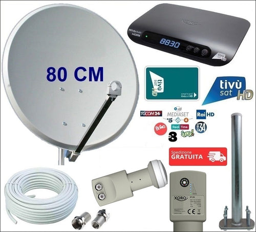 Kit satellitare da 80 CM per ricezione canali Tivùsat con decoder XORO HRS 8830 ed LNB Twin con Sat Finder e Bussola integrati