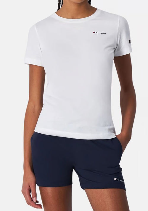 Champion Legacy Icons W-Small Script Logo S/S Crewneck T-Shirt, Bianco, Donna