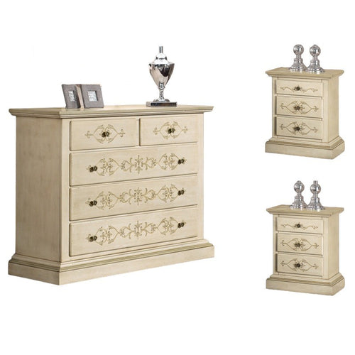 MOBILI 2G - Gruppo 1 Cassettiera 2 Comodini legno classico avorio shabby (1470+1471)