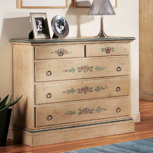 MOBILI 2G -  Cassettiera arte povera 5 cassetti legno shabby avorio 117x51x101 (1429)