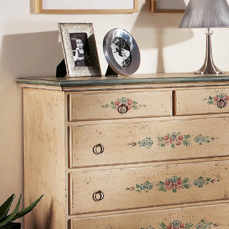 MOBILI 2G -  Cassettiera arte povera 5 cassetti legno shabby avorio 117x51x101 (1429)