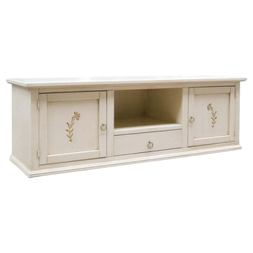Porta tv 2 ante 1 cassetto legno shabby avorio decori 160x46x56