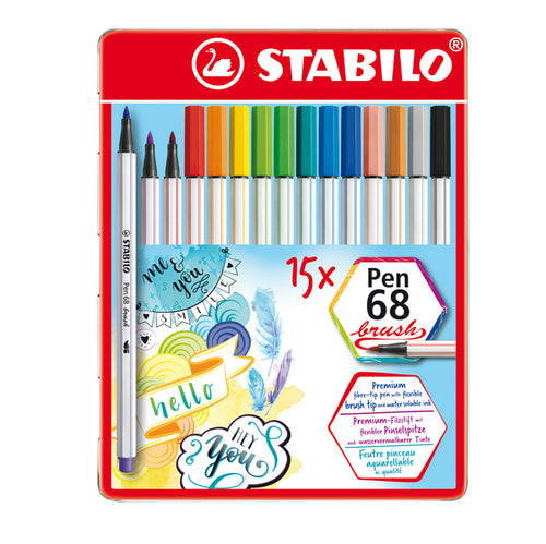 Scatola Metallo 15 Pennarelli Pen 68 Brush Stabilo