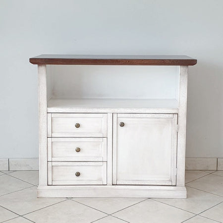 MOBILI 2G - Porta tv 1 anta 3 cassetti legno shabby bianco anticato noce 84x40x80