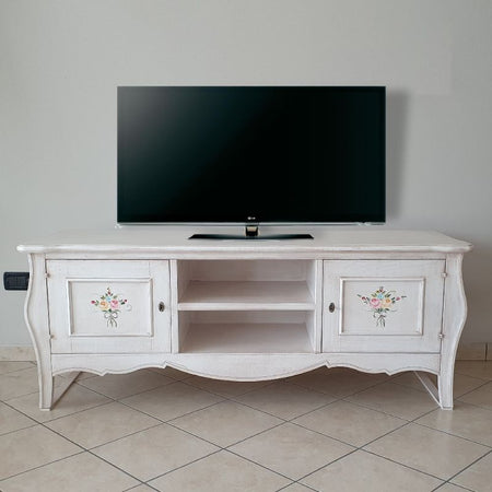 MOBILI 2G - Porta tv legno shabby bianco anticato decori 160X50X61 (3084)