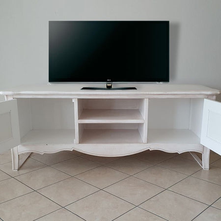 MOBILI 2G - Porta tv legno shabby bianco anticato decori 160X50X61 (3084)
