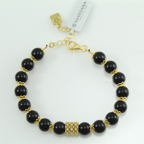 Bracciale portafortuna Su Coccu sfere onice e filigrana d'argento dorato 8 mm