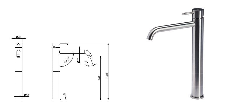 Miscelatore in acciaio inox versione alta per lavabo senza scarico di Tubico Nilo