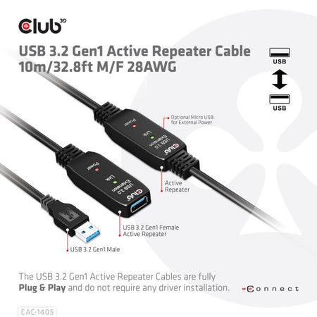 CLUB3D CAVO USB TYPE A GEN 1 ACTIVE REPEATER 10METER / 30FT SUPPORTS UP TO 5GBPS
