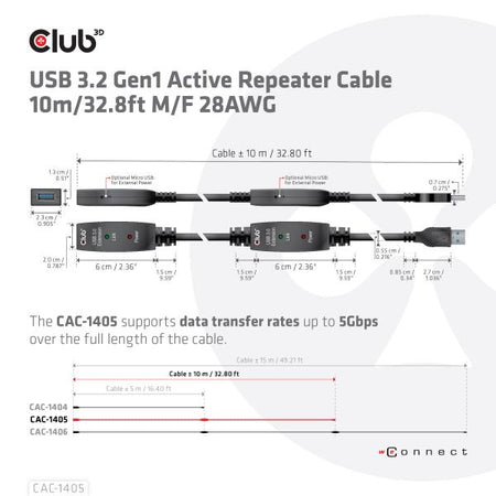 CLUB3D CAVO USB TYPE A GEN 1 ACTIVE REPEATER 10METER / 30FT SUPPORTS UP TO 5GBPS