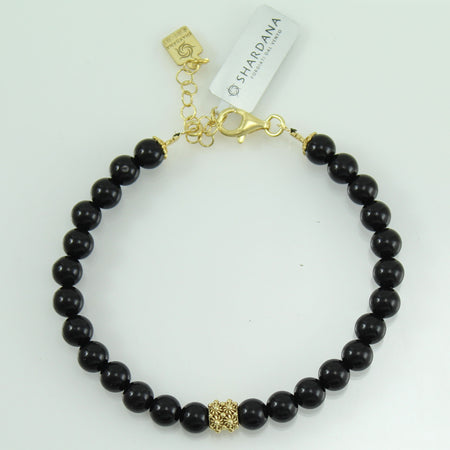 Bracciale portafortuna Su Coccu sfere onice e filigrana d'argento dorato 6 mm