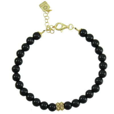 Bracciale portafortuna Su Coccu sfere onice e filigrana d'argento dorato 6 mm