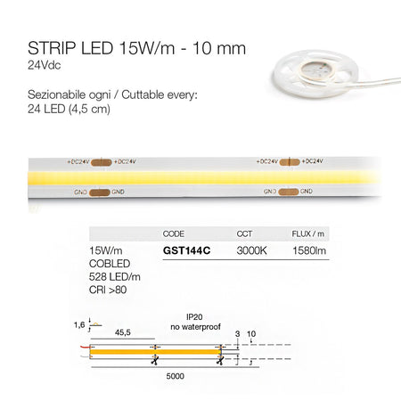 Strip Led interno dimmerabile Gea Led GST144C 24V 3000°K 1580Lm/mt striscia modulo led