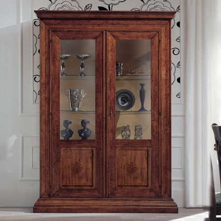 MOBILI 2G - Vetrina 2 ante classica Legno noce bassano intarsiata 154X50X214