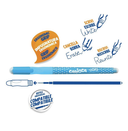 Carioca, Penne cancellabili oops con cappuccio azzurre, 12 pz