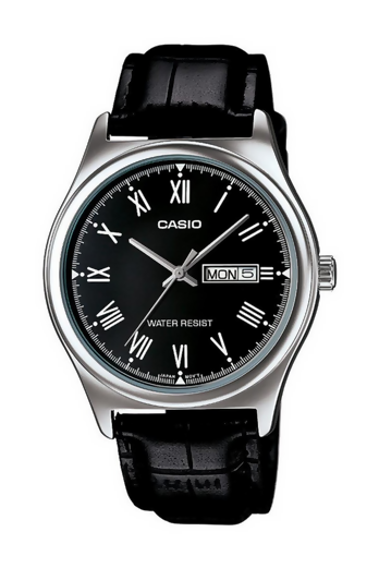 Orologio casio da uomo, MTP-V006L-1B, movimento al quarzo, quadrante neroo con segna data e giorno della settimana, cinturino in pelle