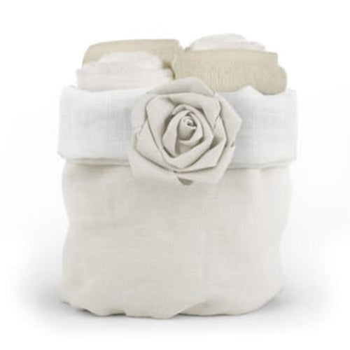 Set di 4 lavette Daunex 30x30 cm in spugna di cotone con cestino decorativo “Bocciolo”, eleganza e morbidezza per il bagno.