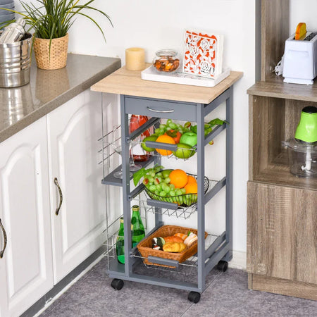 Carrello da Cucina con Cassetti Estraibili e 2 Portabottiglie, in Legno di Pino e Metallo, 47x37x83 cm YY9801-130YY9