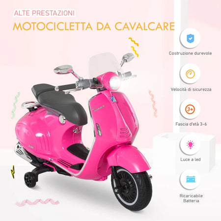 Moto Elettrica per Bambini con Licenza Ufficiale Vespa, 2 Rotelle, Luci e Suoni, 108x49x75 cm, Rosa JN9370-115PKJN9