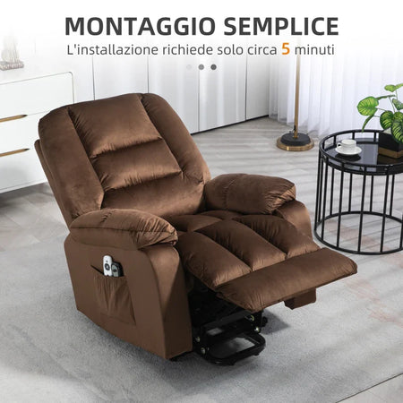 Poltrona Relax Alzapersona Reclinabile, Massaggiante e Riscaldata in Velluto, Marrone WS9713-160V90DRWS9