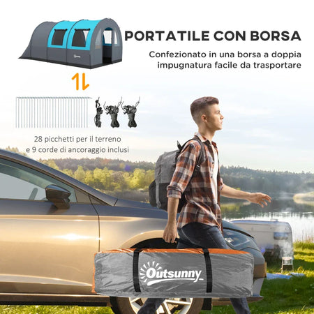 Tenda da Campeggio 5 Posti Impermeabile con Zona Notte e Giorno, in Poliestere, 480x260x200 cm, Grigio e Blu WP9A20-373V00GYWP9