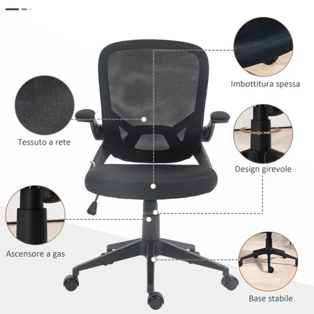 Sedia da Ufficio Ergonomica con Altezza Regolabile, Braccioli Ribaltabili e Tessuto a Rete, Nero NB6921-704V00BKNB6