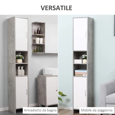 Colonna Bagno con 2 Armadietti e 2 Vani Aperti in Legno Effetto Cemento, 30x30x180cm TY7834-379TY7