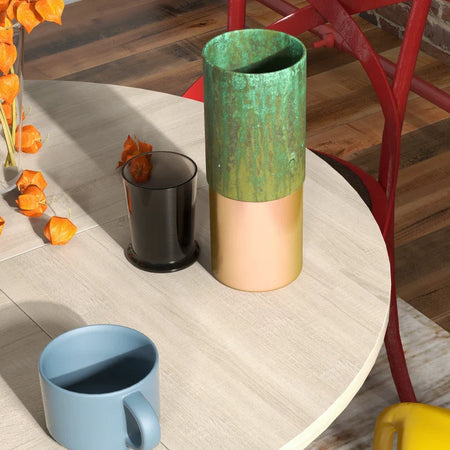 Tavolo da Pranzo per 4-6 Persone con 2 Ripiani Integrati, in Acciaio e MDF, Ø100x76 cm, Bianco e Rovere QS683A-050V80AKQS6