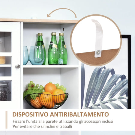 Credenza alta da cucina Moderna in Legno MDF Bianco con 2 Vetrinette 80 x 37 x 183 cm , mobile vetrina multiuso sala da pranzo soggiorno salotto ingresso ufficio studio F835-209A