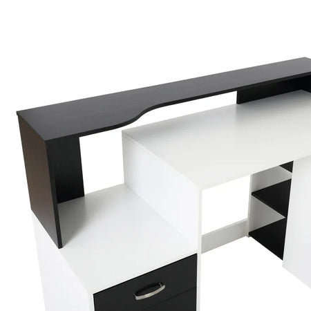 Scrivania per Ufficio con Ripiano Stampante, 2 Cassetti e 3 Mensole, in MDF Bianco e Nero, 137 x 55 x 92cm ZB4920-026ZB4