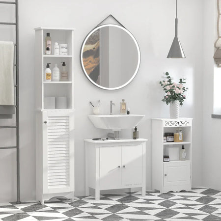 Colonna Bagno con Ripiano a 3 Livelli e Armadietto Chiuso, in MDF e Truciolato, 34x20x165 cm, Bianco RF5834-242RF5