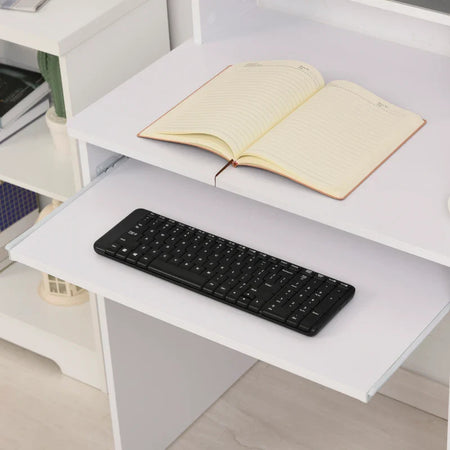 Scrivania per Computer Compatta, Scrivania PC Fisso in Legno Bianco con Ripiano Tastiera Estraibile e Mensole 104x48x95.5cm XN5836-262WTXN5