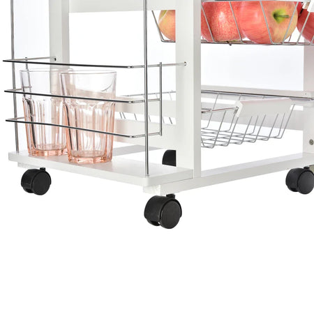 Carrello da Cucina Salvaspazio in Legno Bianco, Portavivande con 1 Piano di Lavoro 1 Cassetto e 4 Cestelli Metallici, 47x37x83cm LK6801-121V01WTLK6
