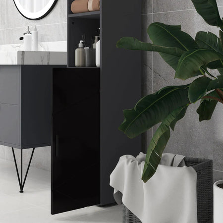 Colonna Bagno in Truciolato con 2 Ripiani Aperti e 2 Armadietti a 2 Livelli, 30x30x183 cm, Nero e Grigio RF8834-628V80BKRF8