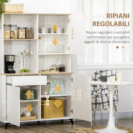 credenza alta cucina Dispensa in MDF con Ripiani Aperti, Armadietti e Cassetto, 119x41x180 cm, Bianco , mobile soggiorno sala pranzo F835-767V02WTA