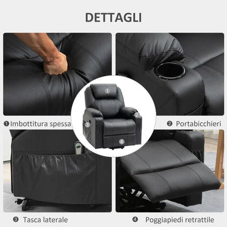 Poltrona Alzapersona Reclinabile max 135° con 8 Punti Massaggianti e Poggiapiedi, 88x92x106 cm, Nero BN2713-096BKBN2