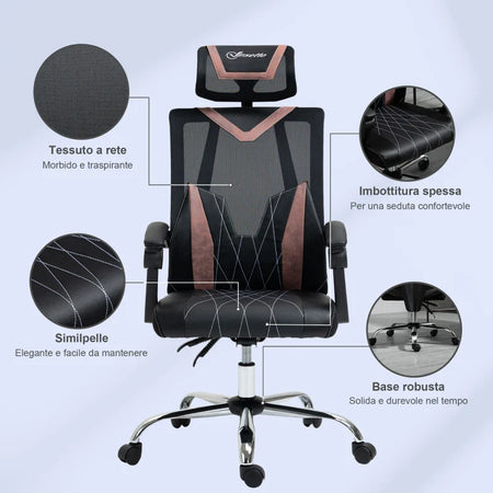 Sedia da Ufficio Ergonomica Inclinabile a 130° con Supporto Lombare e Cervicale, 58x62.5x112-120cm NM5921-469PKNM5