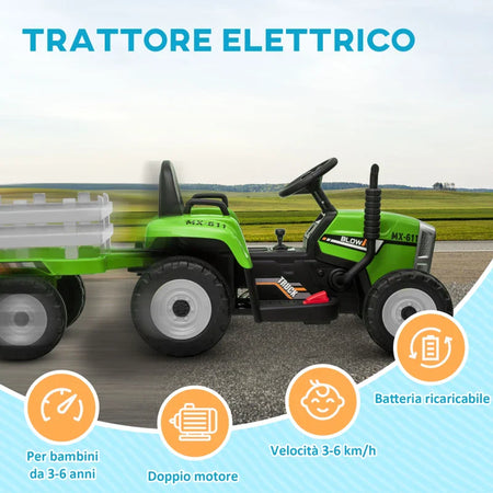Trattore Elettrico per Bambini 3-6 Anni con Rimorchio Rimovibile, Batteria 12V e Telecomando, Verde RG1370-281V90GNRG1