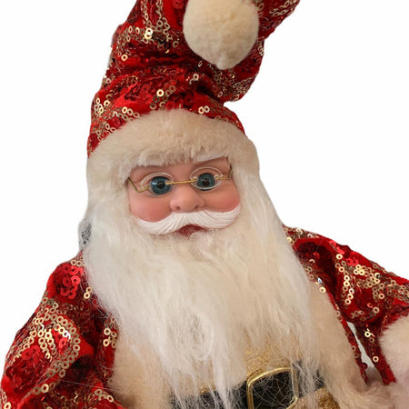 Pupazzo "Babbo Natale seduto" carillon in movimento con paillettes Rosse h 50 cm