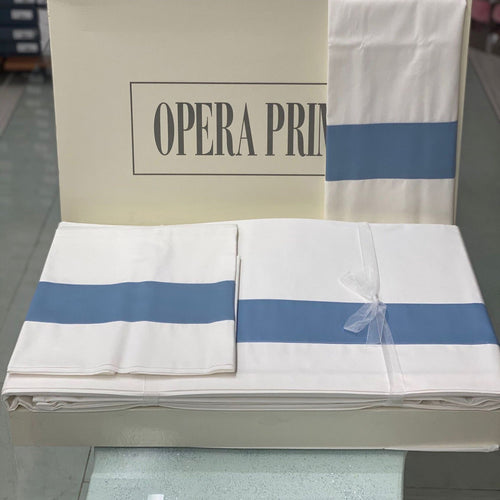 Completo Lenzuola Matrimoniale Opera Prima Sylvie Cotone Naturale/Avio