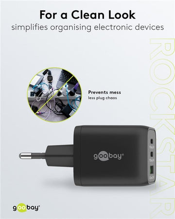 Nano Caricatore Alimentatore GaN 2xUSB-C (PD) + USB-A (QC) da Muro 65W Nero