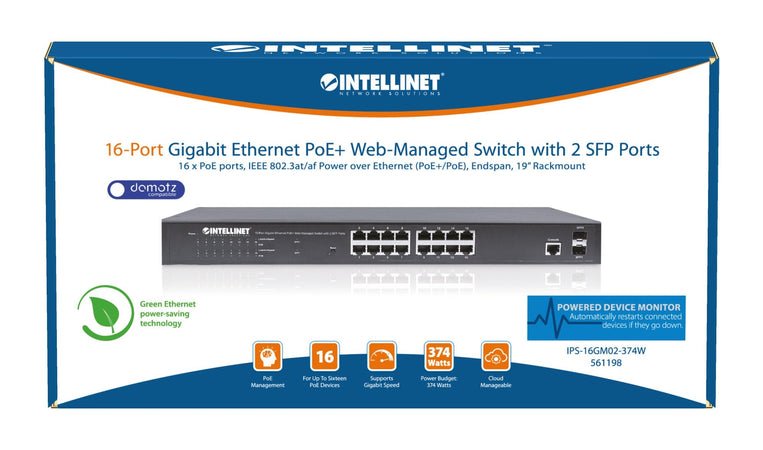 Switch Gigabit Ethernet 16 Porte PoE+ Web Managed con 2 Porte SFP