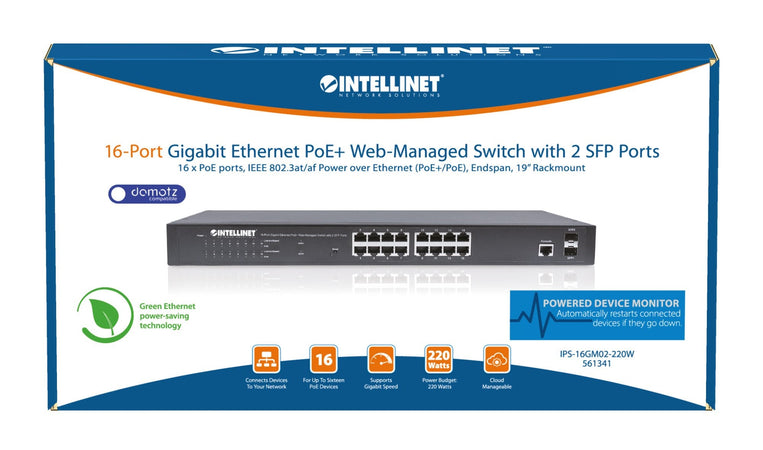 Switch Gigabit Ethernet 16 Porte PoE+ Web Managed con 2 Porte SFP